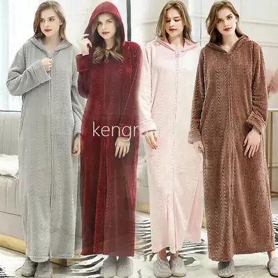 Ladies Extra Long Hooded Dressing Gown Bath Robe Warm Soft Fleece Zip Up Robes • £22.65