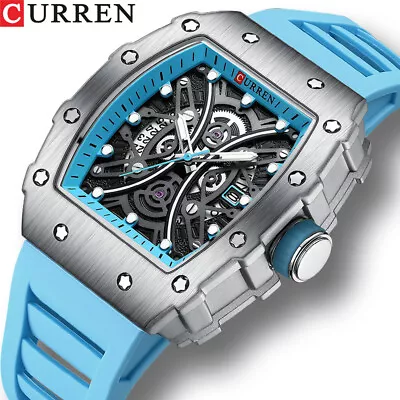 CURREN Men Watch Rectangle Sport Wristwatch Soft Silicone Bracelet Males Watches • $22.94