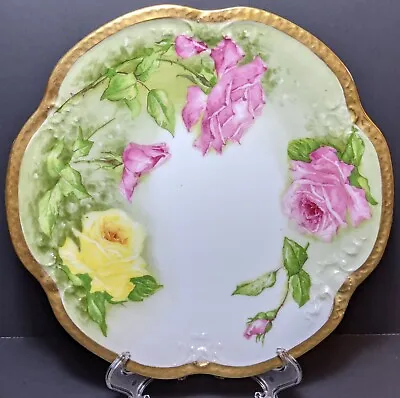 Limoges FRANCE A. Lanternier Gilded Serving Plate Roses & Heavy Gold Trim 8.75  • $22.99