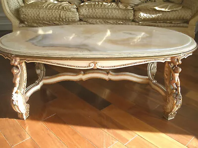 $12k Magnificent Antique Carved Cherubs Cubid Oval Coffee Table Onyx Top • $690