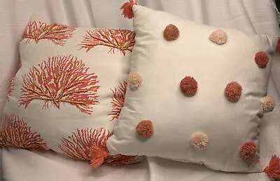 2 Coral Decorative Throw Pillows 16x16 “ Coral & Beads & 14x14 With Pom-poms • $19.99