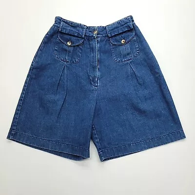 Vintage Talbots Mom Shorts 10 (Small) Blue Denim Pleated High Waisted Pocket Y2K • $28.88