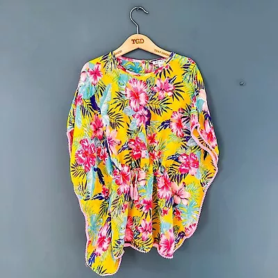 Girls Mustard Flower Print Sheer Beach Kaftan Cover Up Top Age 5-6 Years • £1.99