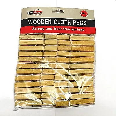 24 Pcs Wooden Pegs Clothes Clips Pins Heavy Duty Outdoor With Durable Springs • £5.99