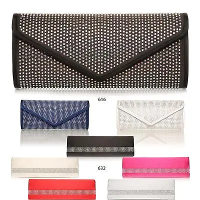 £9.99 • Buy New Laides Wedding Satin Diamante Clutch Bags Slim Large Encrusted Occasions