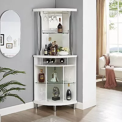 Mini Bar Corner Liquor Cabinet Wine Storage Stemware Rack Dining Room White New  • $398.44