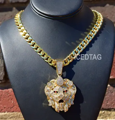 Hip Hop Iced Gold Pt Jumbo Size Lion Head Pendant 30  Cuban Link Chain Necklace • $24.99