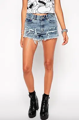 ASOS High Waist Denim Shorts In Acid Vintage Blue Wash With Rips UK 10 • £12