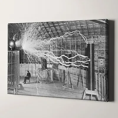 Nikola Tesla Reading With Electric Generator 1900s Iconic Canvas Wall Art Print • $69