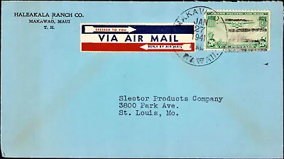 Makawao Maui T.H. 20¢ China Clipper To St Louis Mo 1941 Makawao Cancel • $37