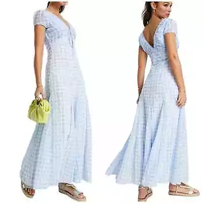 ASOS DESIGN NWT Gingham Embroidered Ruched Maxi Dress Size 8 Floral V-Neck  • $50