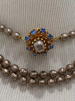 Sign Miriam Haskell Bronze Pearls Baroque Navy/Blue Rhinestone Necklace Jewelry • $113.50