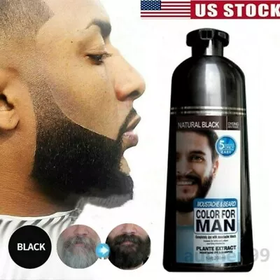 Men 2 In 1 Beard Mustache Natural Hair Color Shampoo Permanent Black Beard Dye • $16.85