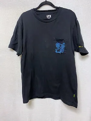 UNIQLO Keith Haring Shirt Mens Medium UT Black Pocket Blue Art Doodle Party Life • £10