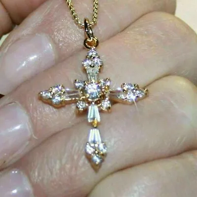 2.20Ct Baguette Cut Diamond Cross Pendant Necklace 14K Yellow Gold Finish • $30