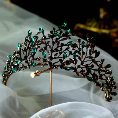 7cm Tall Green Leaf Crystal Gold Tiara Wedding Bridal Queen Princess Prom Crown • £13.20