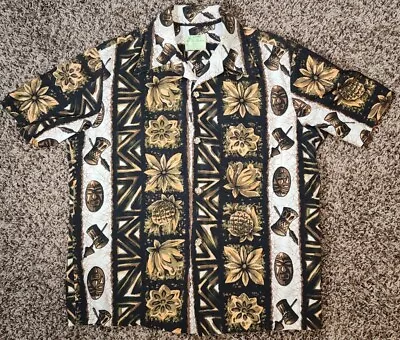 Vintage Ui Maikai Men's Small Hawaiian Shirt Tiki Mask Drum Pineapple Print • $30