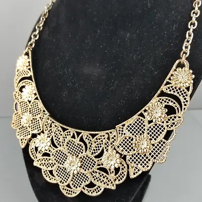 Vintage Floral Lace Gold Tone Metal Bib Collar Necklace Openwork 18  • $14.24