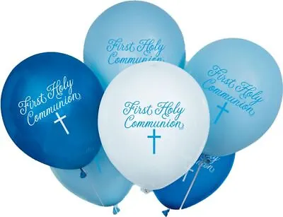 8 X FIRST HOLY COMMUNION Blue & White Latex  Helium Balloons Boy Decorations • £3.19