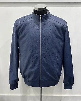 Genuine Ostrich Quill Leather Men's Luxury Blue Custom Handmade Bomber Jacket • $1895