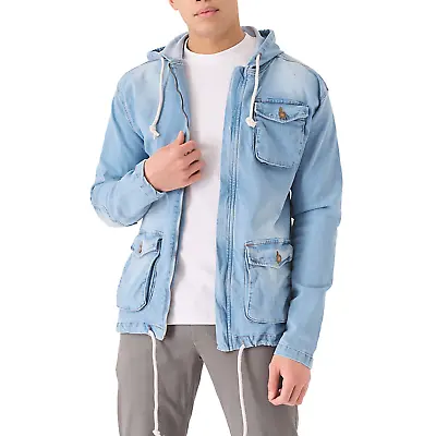 Mens Denim Jacket Loose Fit Hooded Cotton Trucker Jacket Vintage Classic Size • £29.99