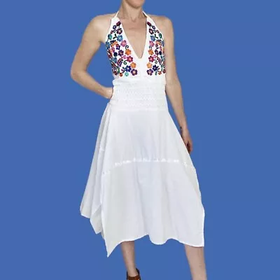 Retro White Colorful Floral Embroidery Mexican Halter Dress • $29