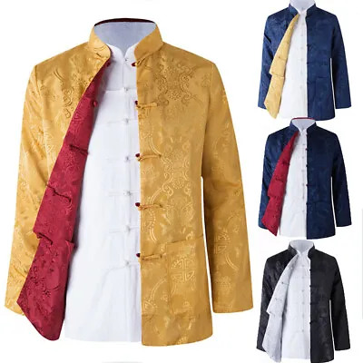 Reversible Traditional Chinese Clothes Men Tang Suit Top Silk Print Jacket Coat • $26.99