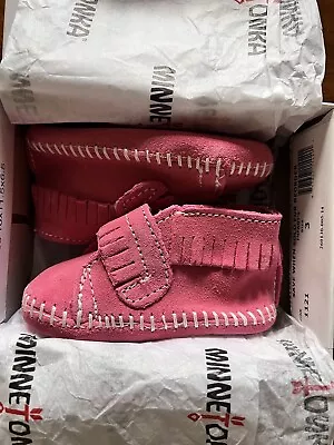 Infant Girl Pink Baby Moccasins Bootie- By Minnetonka/Size 3/Suede Leather • $15