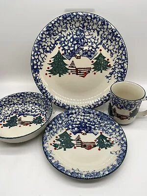 Folk Craft CABIN IN THE SNOW By Tienshan 4 Pc Place Setting Winter Christmas • $19.99