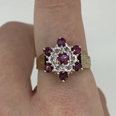 £160 • Buy Vintage Ruby & Diamond Flower Cluster Ring 9ct Yellow Gold - Size Q