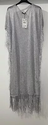 Zara Silver Semi-sheer Kaftan Dress With Metallic Thread Fringing Size M Bnwt • £34.99