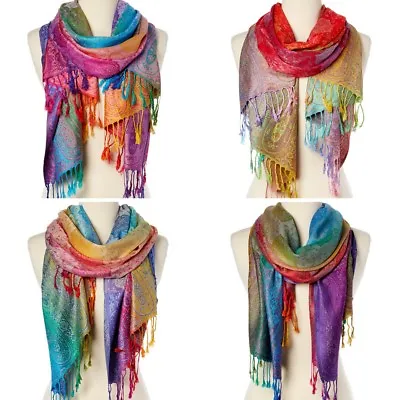Women Long Rainbow Paisley Silk Blend Pashmina Scarf Wrap Shawl Plaid Cozy Gift • $12.98