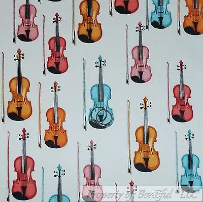 BonEful Fabric FQ Cotton Quilt VTG White Color Pink Blue Brown Violin Music Band • $20.50