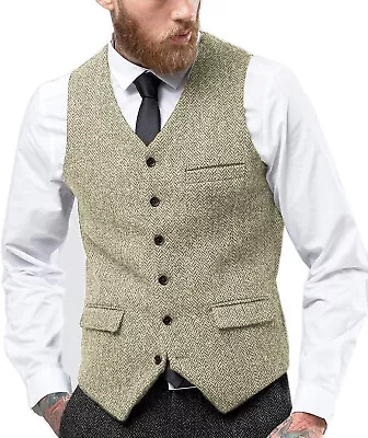 Mens Tweed Vest Waistcoat Vintage Grooms Wedding Herringbone Suit M Large XL XXL • $32.98