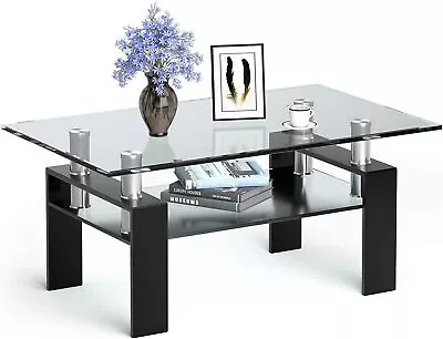 Glass Coffee Table Rectangular Coffee Table With Metal Legs Storage ShelfModern • $114.99