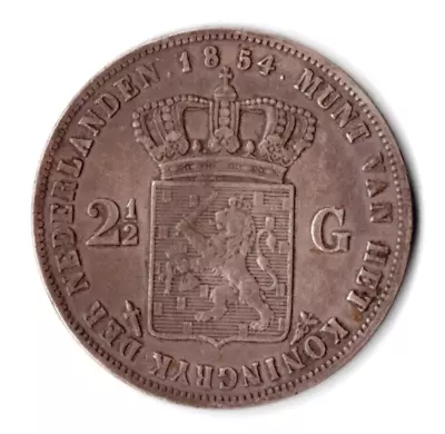 1854 2 1/2 Gulden Netherlands. Silver (.945) 25g 38mm. Ref A100 • $27.13