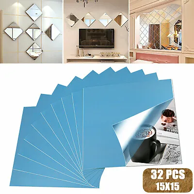 32pcs Mirror Tiles Self Adhesive Back Square Bathroom Decor Wall Stickers Mosaic • $12.98