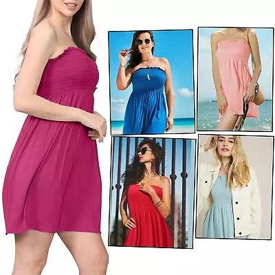 Womens Strapless Sheering Boob Tube Gather Bandeau Top Summer Ladies Mini Dress • $11.36