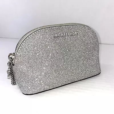 Michael Kors Cosmetic Bag Metallic Silver Small Dome Zip Flower Charm M6 • $79.99