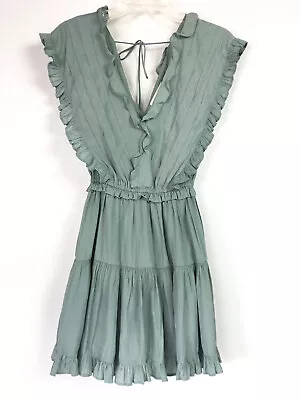 Mustard Seed Womens Small Mini Dress Sleeveless Sage Green Deep V Neck Ruffled • $16.09