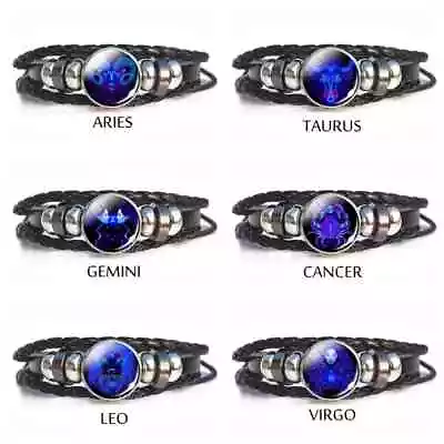 Men's Zodiac Adjustable Leather Bracelet Black Wristband Jewellery Gift New • £6.98