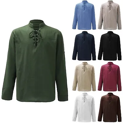 Mens Casual Washed Cotton Long Sleeve Lace Up Shirts Solid Beach Henley Shirts • $22.99