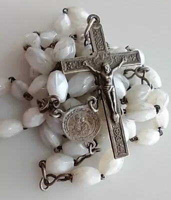 Vintage Catholic Rosary White Oblong Faceted Glass Beads • $23.99