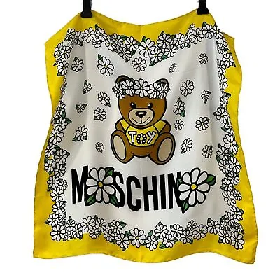 Moschino Yellow White Silk Scarf Daisy Teddy Bear NEW With Tags Italy • $52.99