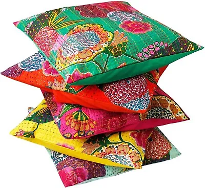 Set Of 5 Cushion Cover Kantha Vintage Cotton Pillow Cases Boho Cushion 16X16Inch • $21.55
