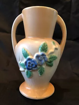 Roseville Morton? Unmarked Double Handle Floral Vase Blue Green Vintage Flower • $16.50