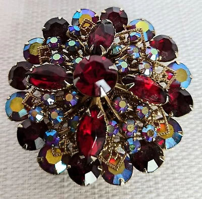 Vintage Large Glass Rhinestone Brooch Pin Red Marquis Stones 1 Red Chaton Center • $35.99