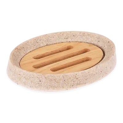 Soap Dish Holder Bathroom Shower Natural Drain Tray Oval Bamboo Lid Stone Effect • £8.99