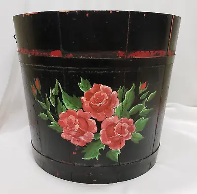 Vintage Wood Bucket Wire Handle Black Hand Painted Red Flowers Farmhouse Decor • $27.47