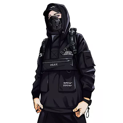 MFCT Men's Techwear Jacket Streetwear Black Hooded Waterproof Windbreaker • $47